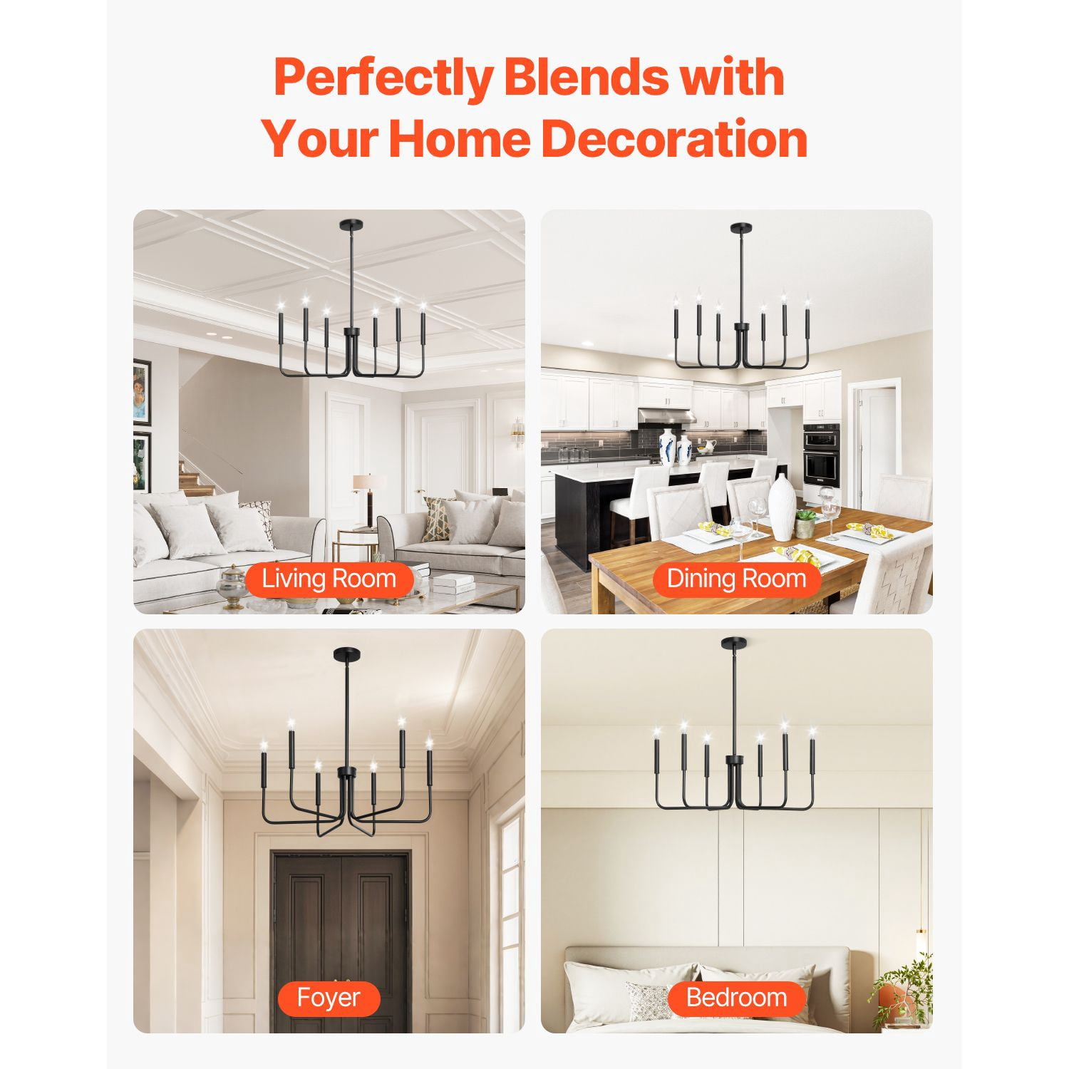 6-Light Farmhouse Chandelier with Adjustable Height, Black Metal Frame, E12 Sockets, for Dining Room Living Room Kitchen