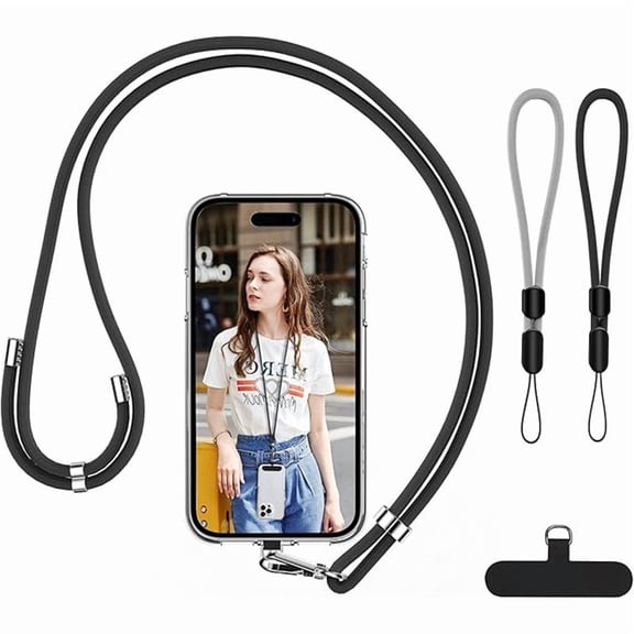 Cell Phone Lanyard, Crossbody Phone Lanyard Adjustable Neck Strap and 2 Pack Phone Wrist Strap with Phone Tether Patches for Most Smartphones-2Black Grey