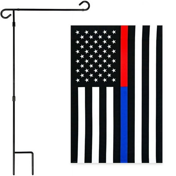G128 Combo Pack: Garden Flag Stand Black 36x16IN & Garden Flag Thin Blue and Red Line 12x18IN