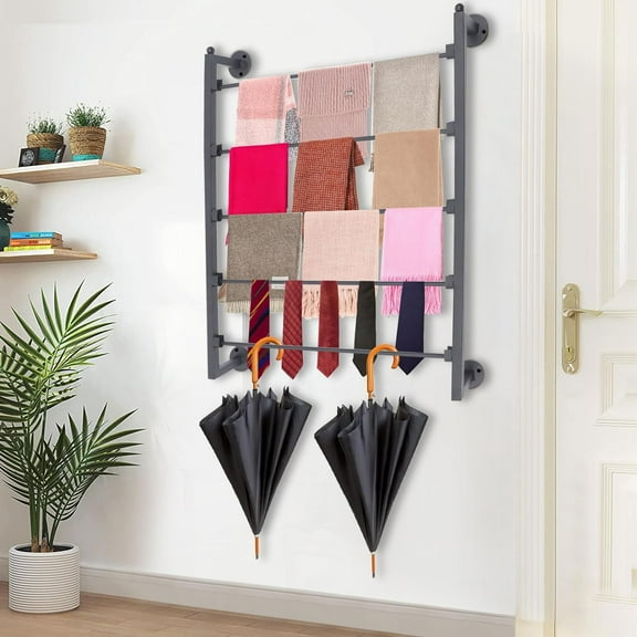 5-Layer Wall Mounted Display Rack, Tie Scarf Rack Belt Towel Hold, Wrapping Paper Ribbon Organizer Bedroom Hanging Shelving