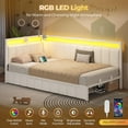 thumbnail image 2 of Mabor Twin Size Corner Bed Frame with 2 Storage Drawers and Charging Station,L-Shaped Daybed with Line Fabric Upholstered Fence,Platform Corner Bed with Led Lights,Beige, 2 of 9