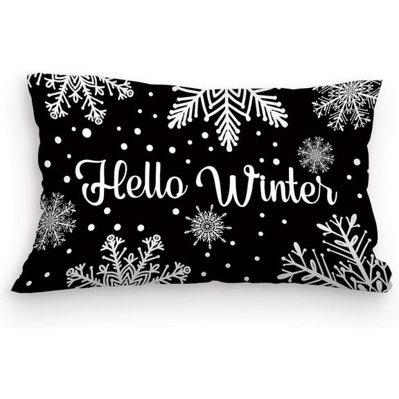 Black Christmas Xmas Pillow Covers 12x20, Merry Hello Winter Snow Snowflake Decorations Throw Pillow Cover, Winter Seasonal Cushion Covers for Sofa Bedroom Decor (Black-Hello Winter)