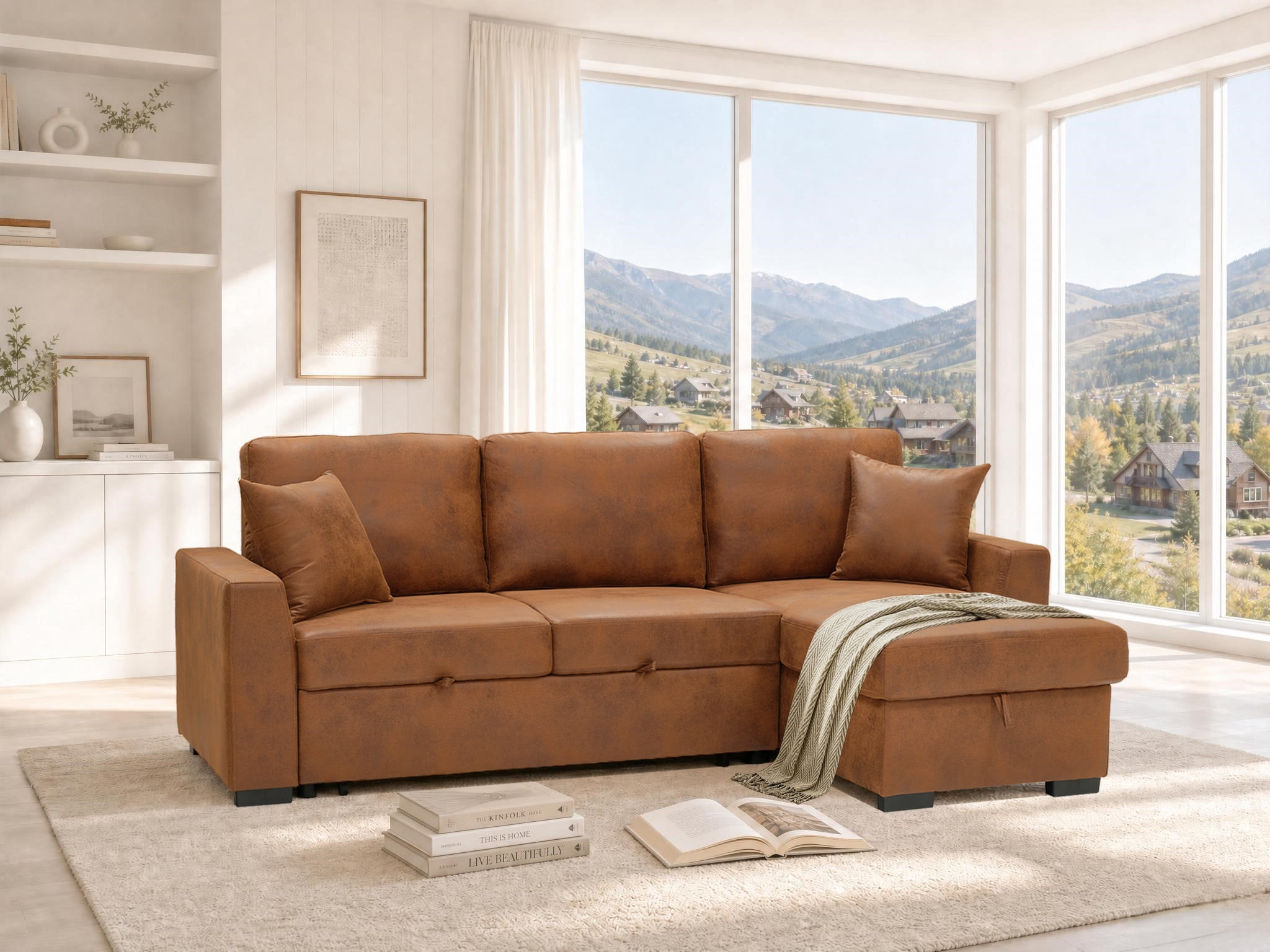Howcool 94" Upholstered Sectional Sofa with Pull-Out Bed and Storage Chaise,Textured Fabric Sleeper Couch with USB Charger & Cup Holders for Living Room,Brown