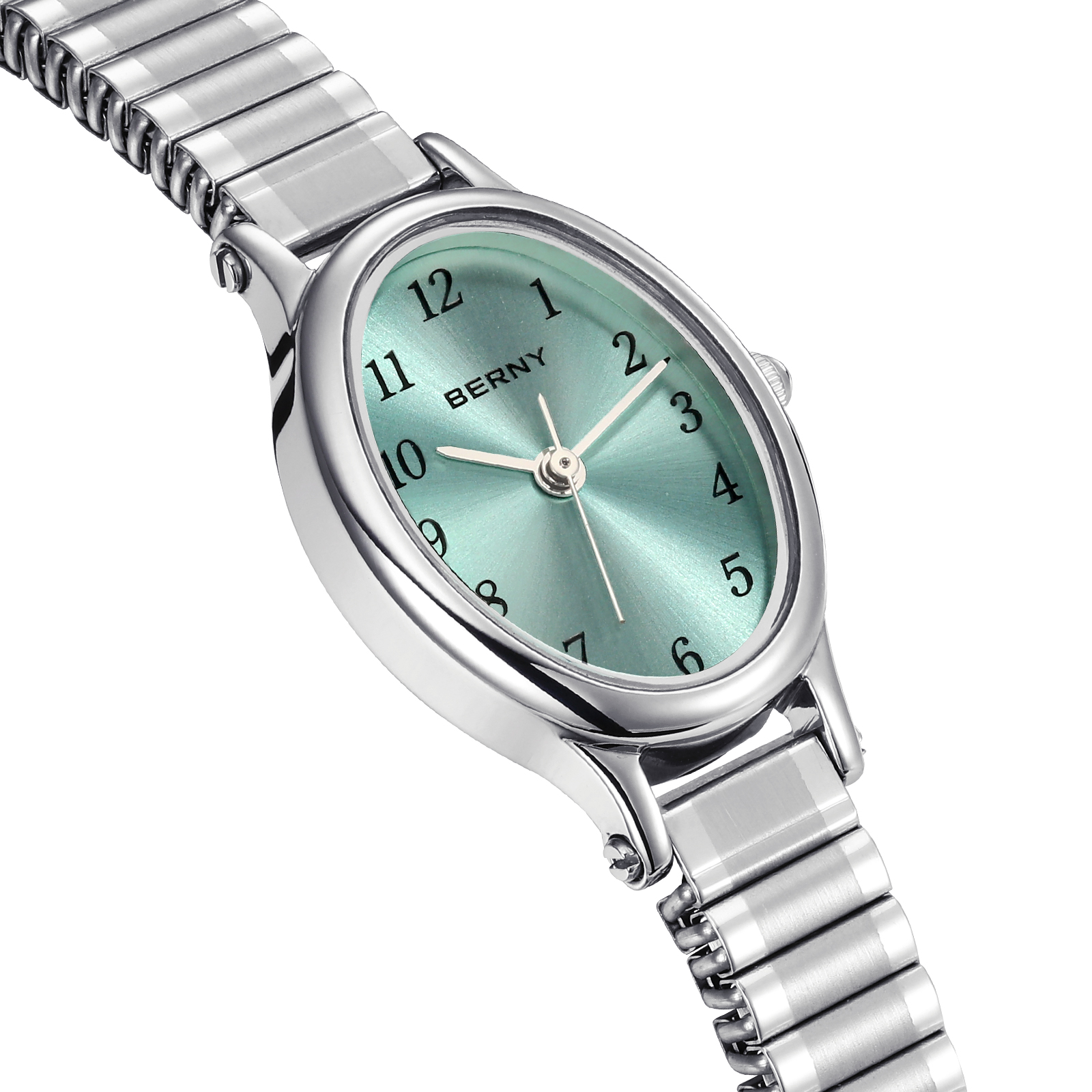 BERNY Small Silver Watches for Women, Dainty Luxury Oval Dial, Expansion Band Watch, Fashion Ladies Analog Quartz Watch, Waterproof Women Wristwatch Gifts, Light Blue
