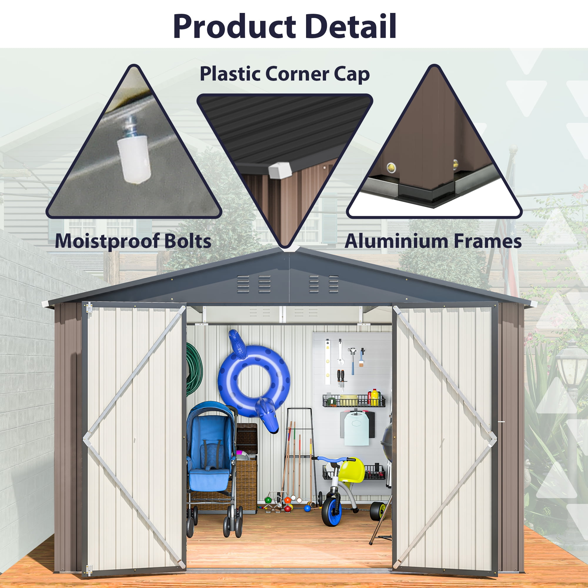 MAYEERTY 10x10FT Outdoor Metal Storage Shed, Galvanized Steel Tool Shed with Lockable Doors & Ventilation, All-Weather Waterproof Organizer for Backyard, Garden & Patio