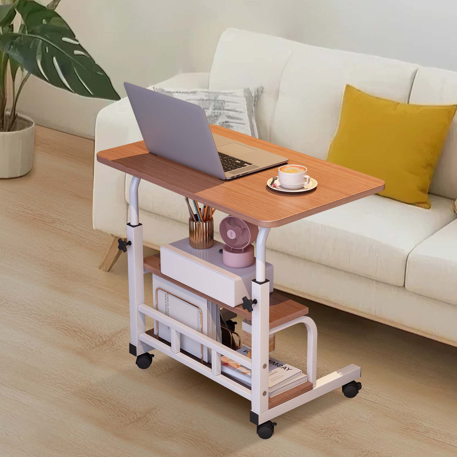 Roromall 31.5" Adjustable Height Portable Rolling Desk Mobile Standing Desk, Small Computer Table, Mobile Stand Up Table with Wheels & Storage Shelves for Home Office School