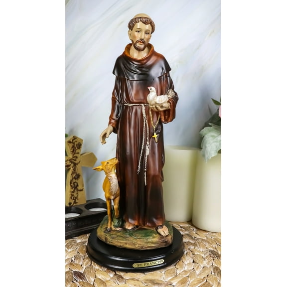 Ebros Saint Francis of Assisi with Dove and Deer Statue and Brass Plate 12.25" H