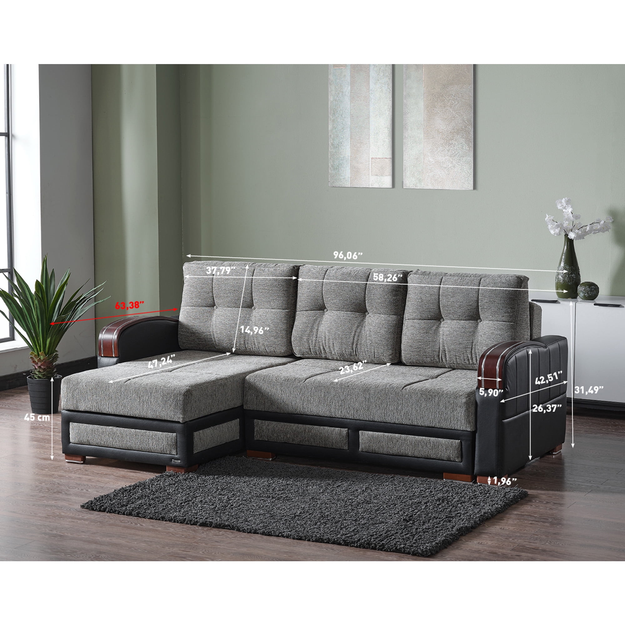 Ottomanson 96" Convertible Sectional Sofa with Storage, Chenille L-Shaped Couch for Living Room, Gray