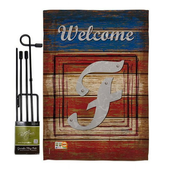 Breeze Decor BD-PA-GS-130110-IP-BO-D-US14-BD 13 x 18.5 in. Patriotic F Initial Americana Impressions Decorative Vertical Double Sided Garden Flag Set with Banner Pole