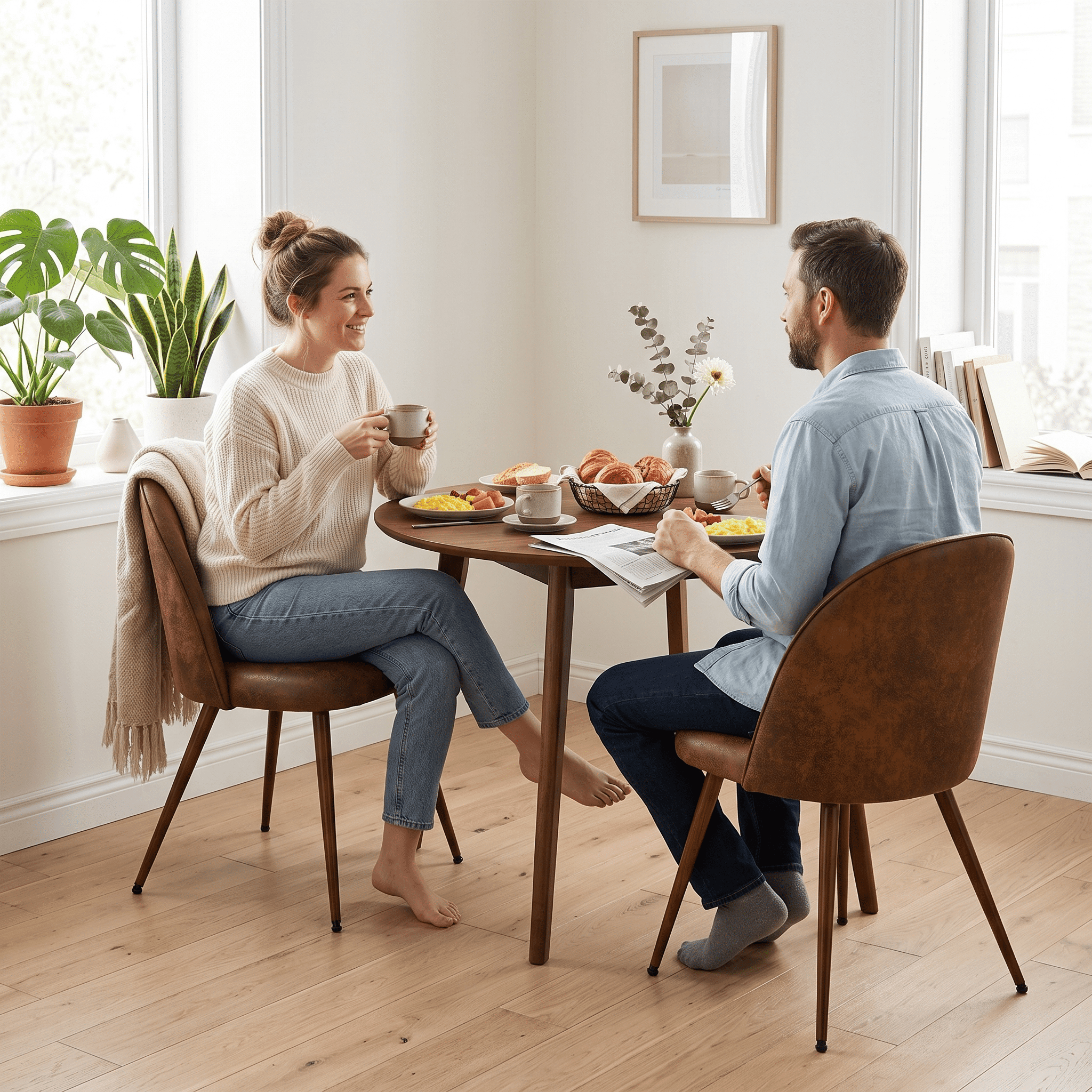 Homy Casa Set of 2 Brown Suede Upholstered Dining Chairs with Curved Back for Kitchen