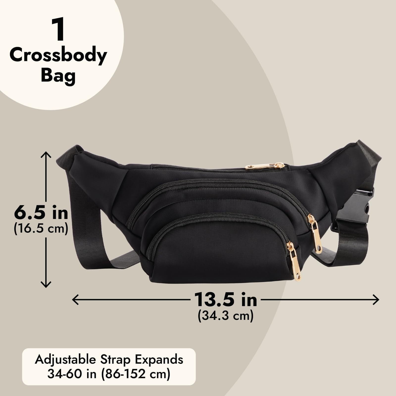 Black Extra Large Fanny Pack Plus Size, Crossbody Bag with Adjustable Belt Straps Fits 34-60 Inch Waist (Expands to 5XL)