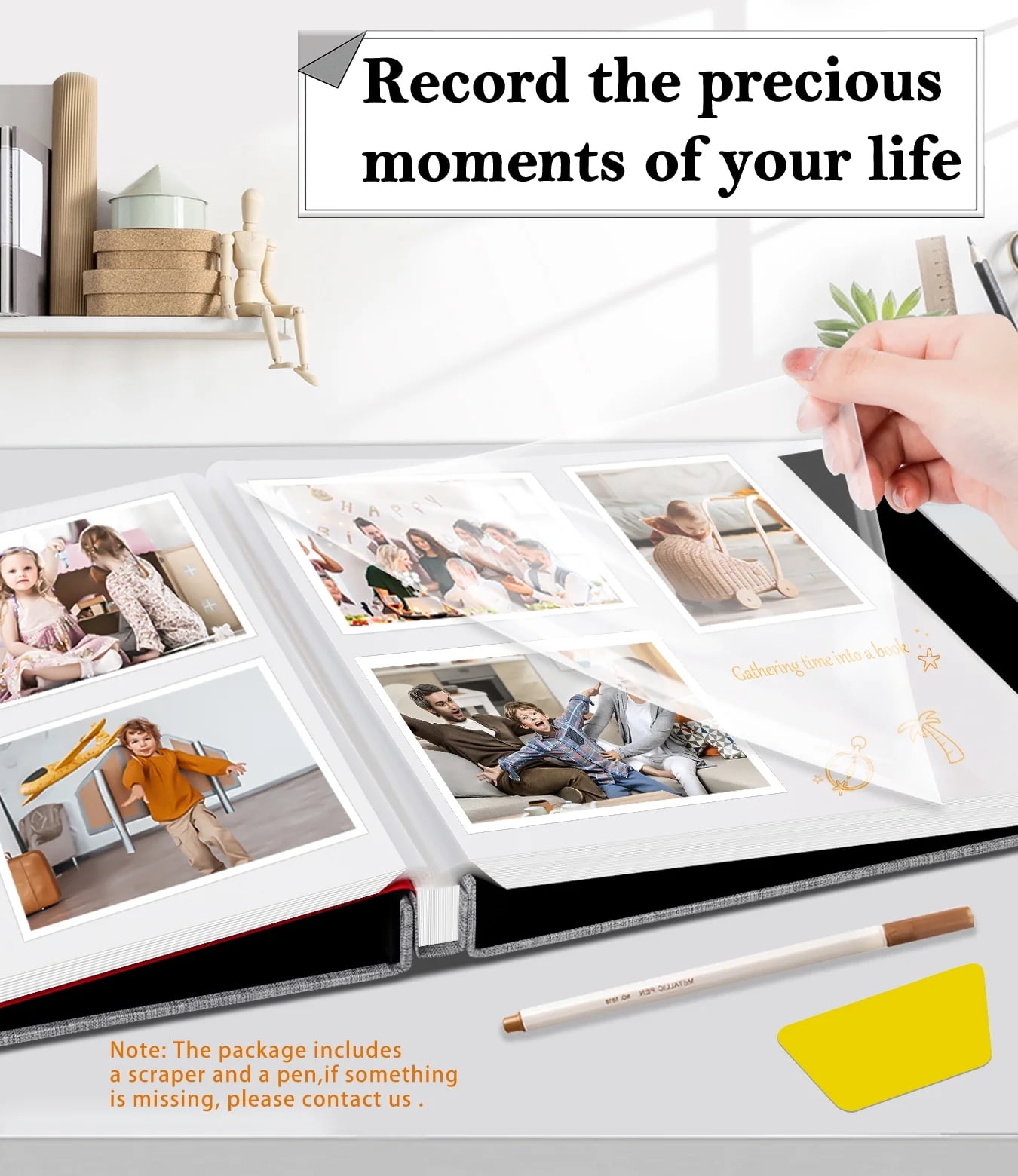 Bevtee 60 Pages Large Photo Album Self Adhesive 4x6 5x7 8x10 Scrapbook DIY Picture, with Pen and Plastic Board,Perfect for Moms, Families, Babies, and Weddings, Grey, 13" x 12.6"