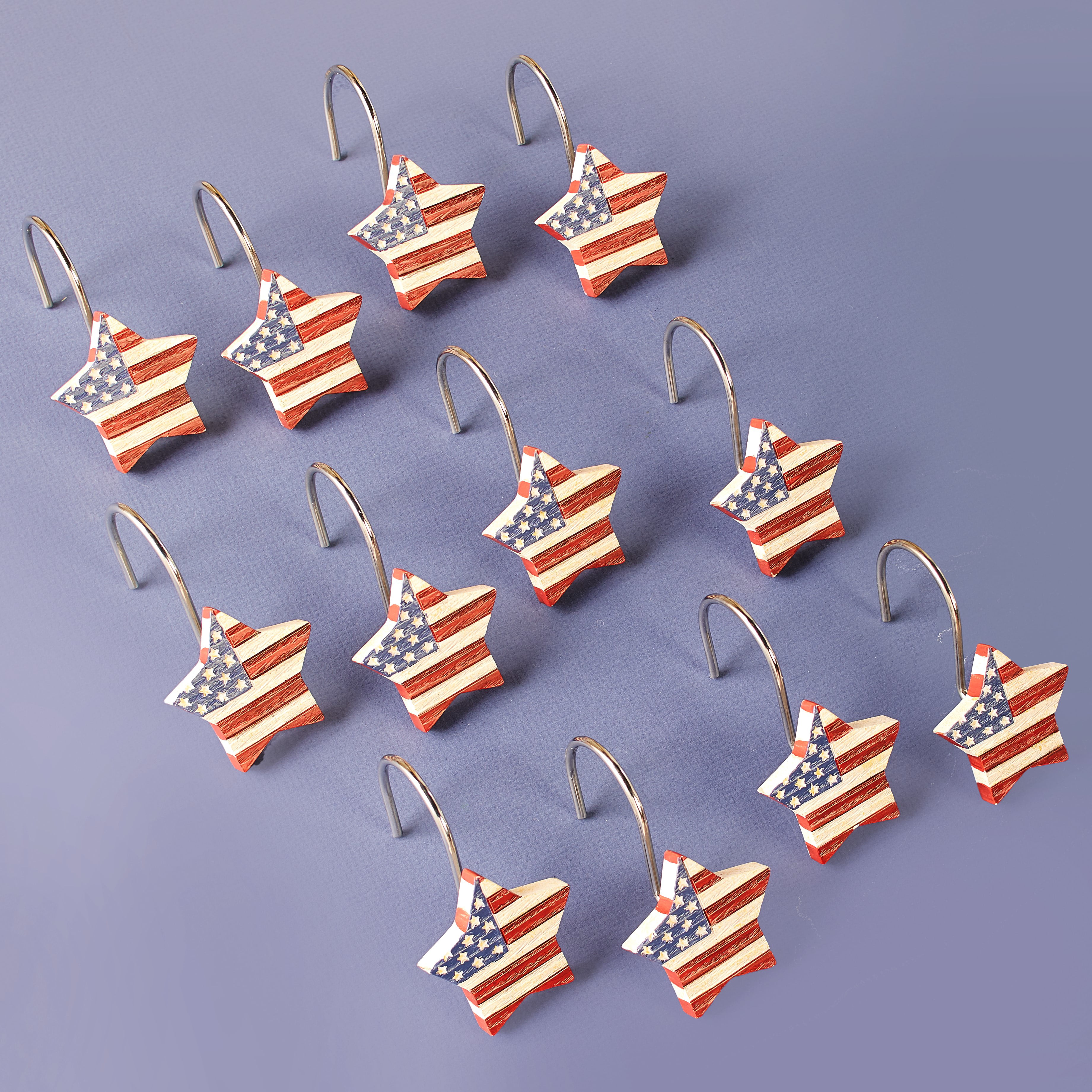 Set of 12 Shower Curtain Hooks American Flag Patriotic Stars & Stripes Bathroom 