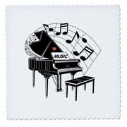 3dRose Black Piano with Dancing Notes n Love Music on It - Quilt Square, 12 by 12-inch