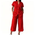 thumbnail image 2 of Uootdi Two Piece Sets for Women Summer Notched Neck Roll Cuff Sleeve Blouse High Waist Capri Pants Trendy Daily Outfits, 2 of 5