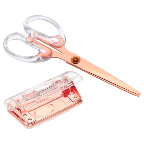 Juego de perforadoras de papel acrílico Uxcell, perforadora manual portátil de 2 agujeros con tijeras, dorado rosa