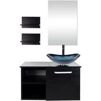 FULLWATT 28 Inch Wall Mounted Bathroom Vanity Modern Lavatory Wood Cabinet with Mirror Blue Boat Tempered Glass Sink Combo Vanities Set
