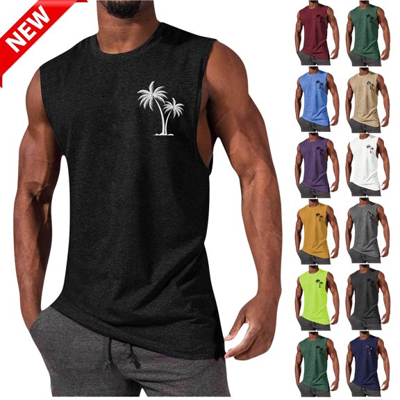Tqyyweavej Men's Summer Beach Tank Top Hawaiian Palm Tree Print Sleeveless Casual Muscle Shirts Vintage Solid Color Crewneck Tees Tops