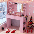 thumbnail image 3 of Zimtown Vanity Desk with Sliding Mirror, LED Lights and Power Outlet, Makeup Vanity with  Visible Glass Top, 6 Storage Shelves Dressing Table, Pink, 3 of 7