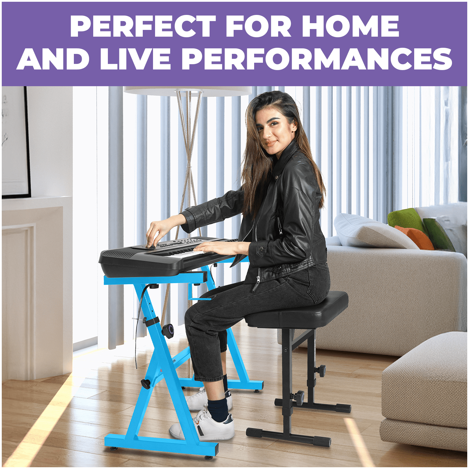 Liquid Stands Portable Heavy Duty Digital Piano Keyboard Stand & Bench Set - Adjustable Keyboard Music Stand & Seat for 54-88 Key Electric Pianos (Light Blue)
