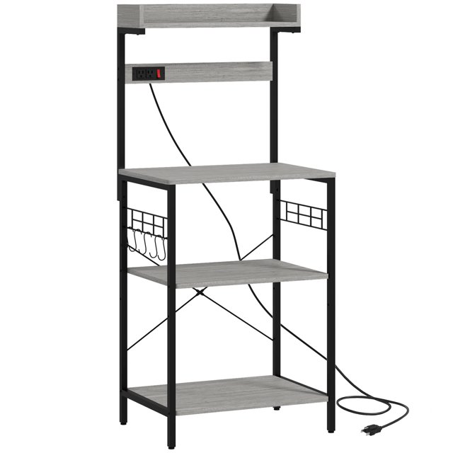 HOMCOM Kitchen Baker's Rack with Power Outlet, Coffee Bar Station with Adjustable Shelves and Hooks, Distressed Grey