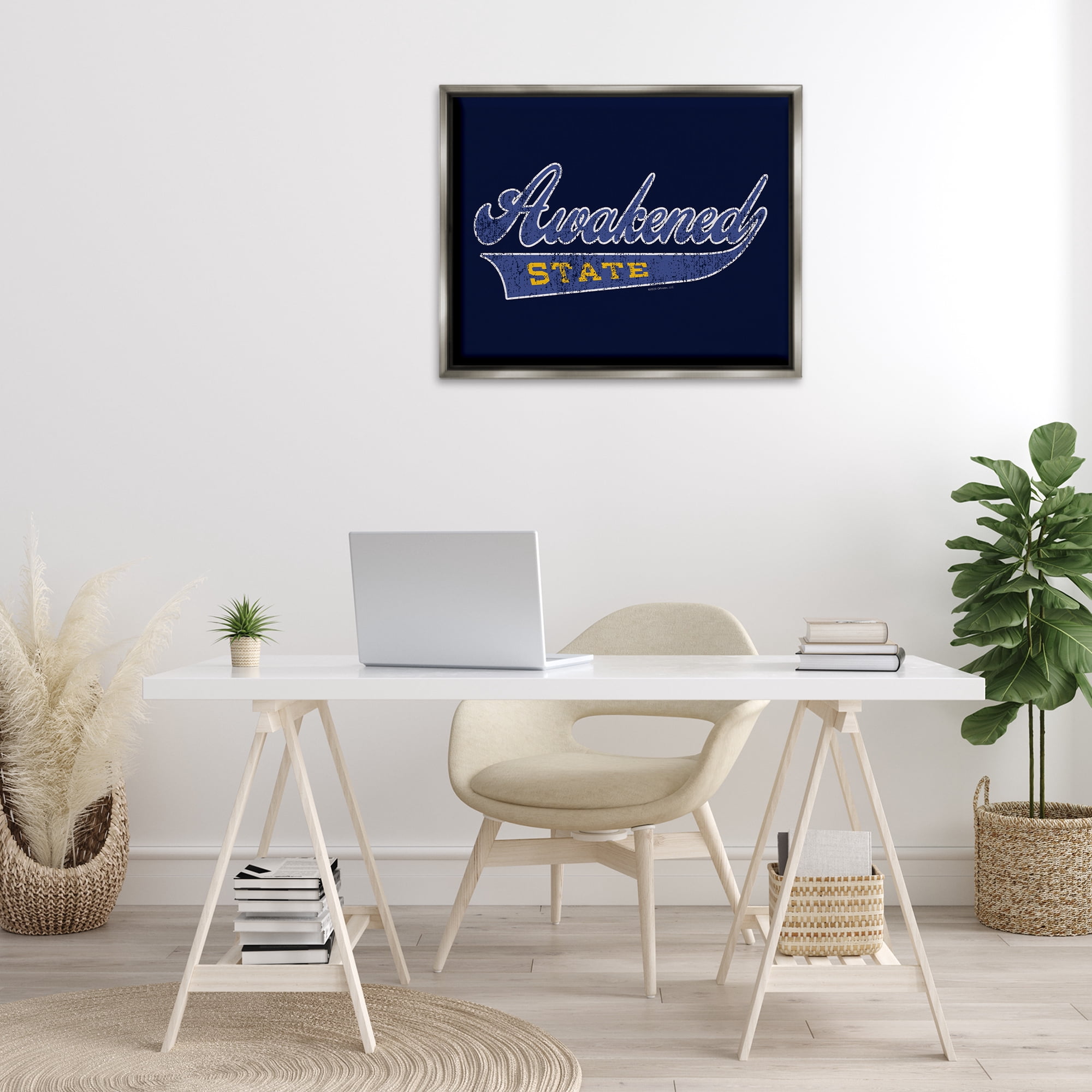 Stupell Industries Awakened State Varsity Novelty & Humor Painting Gray Floater Framed Canvas Art Print Wall Art, 31 x 25