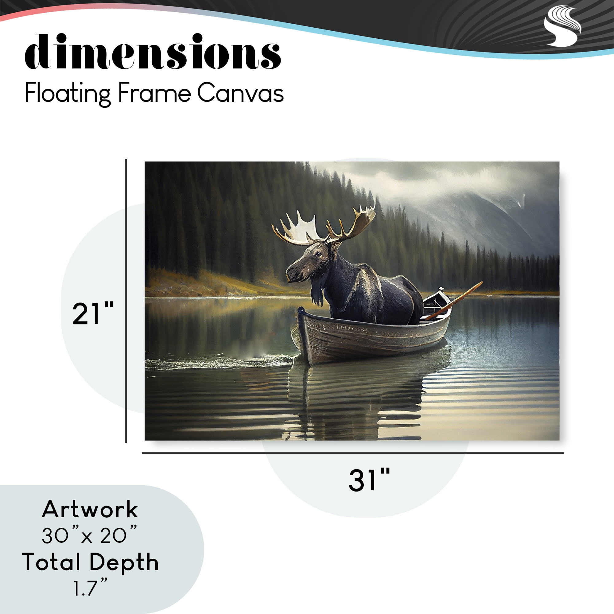 Moose in Canoe Tranquility Gray Framed Floater Canvas Wall Art, design by Sasha