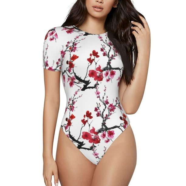 Balery Cherry Blossoms Body de cuello redondo de manga corta para mujer Tops de manga corta Tops básicos-Medium
