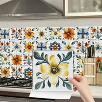 24Sheets Self Adhesive Tiles Stickers 4" x 4" Blue Gold Flowers Pattern DIY Decor Wall Decals Waterproof Peel and Stick Tile Kitchen Backsplash