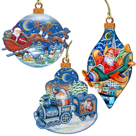 UPC: 0746550058749 | Designocracy Set of 3 Traveling Santa Claus Wooden Christmas Ornaments 5.5