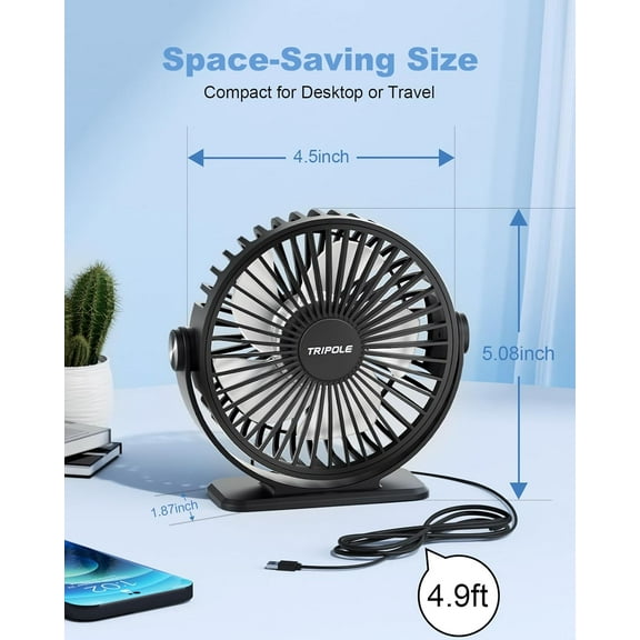 USB Powered  Desk Fan with 3 Speeds, 360° , 4.9ft Cord, Black
