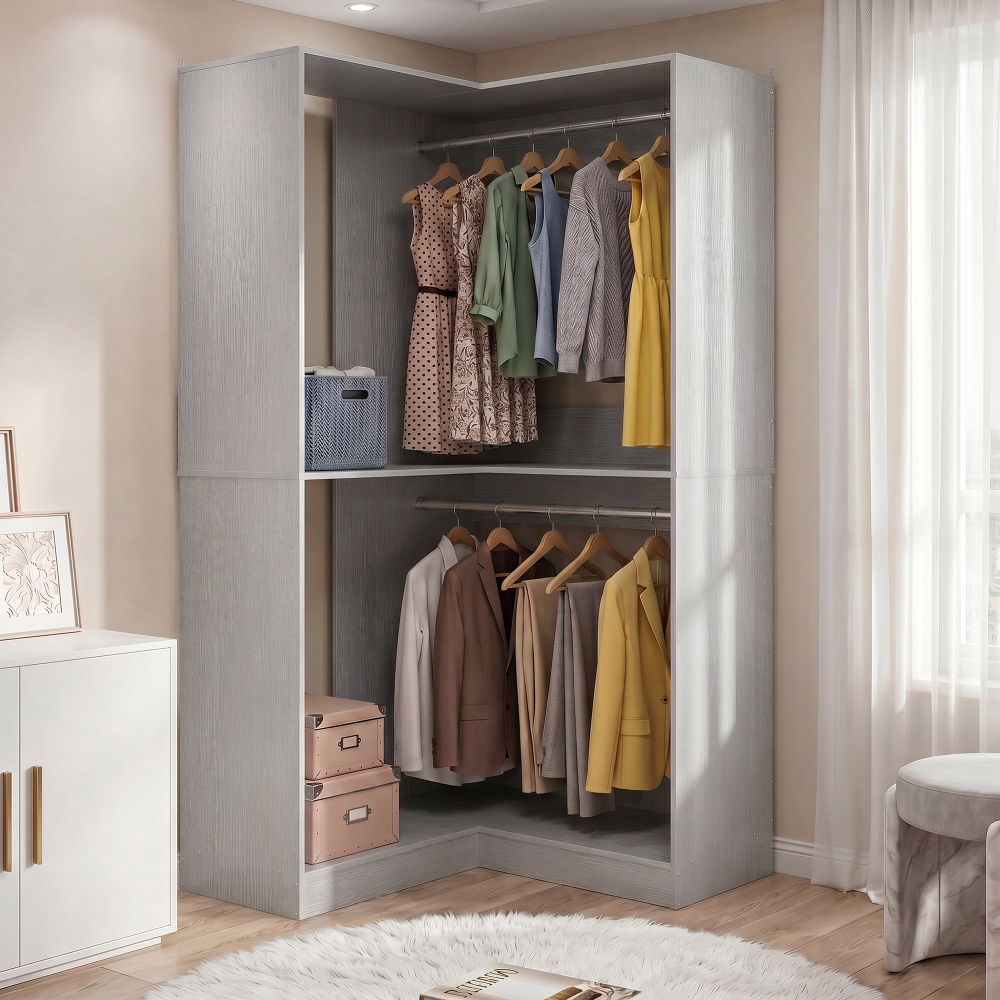 ♡sweet closet♡様 Homieasy 32'' W Corner Closet System with Hanging Rod, White Oak