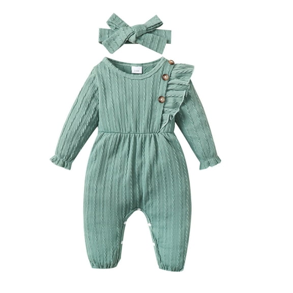 Mikrdoo Newborn Baby Girls Clothes Rib Long Sleeve Solid Color Romper With Headband 2Pcs Romper Set Green 3-6 Months