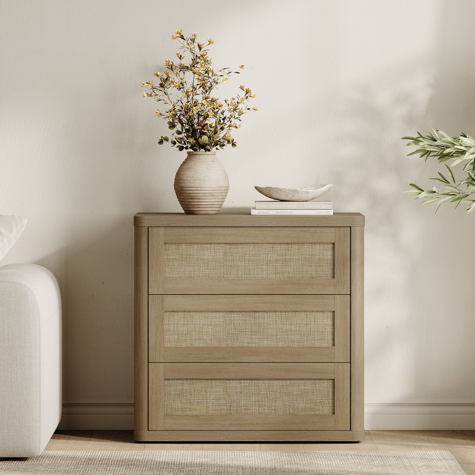 SICOTAS 26.77"W Boho 3-Drawer Nightstand, Curved Rattan Nightstand Dresser with Pop-up Drawers & Slide Rails, Farmhouse Bedside Table, End Side Table for Bedroom, Living Room, Natural Oak