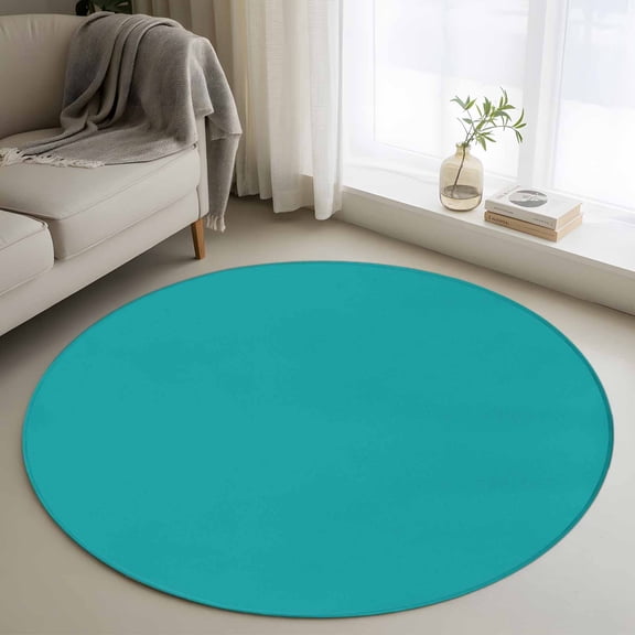 Teal Blue 4FT Round Area Rugs for Living Room Solid Color Ultra-Thin Non-Slip Round Rugs Machine Washable Low Pile Circle Carpet for Bedroom Kitchen Nursery
