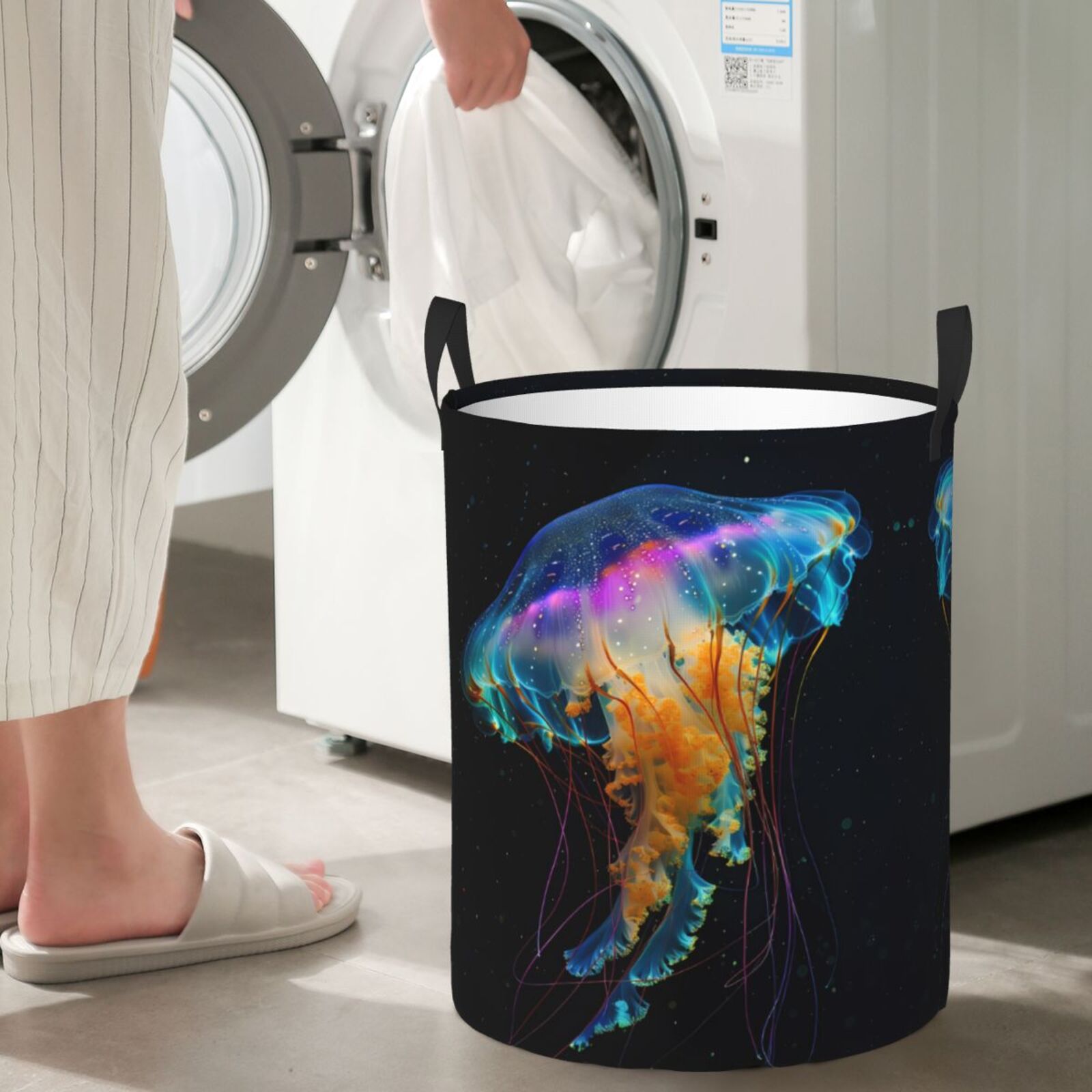 Large Laundry Basket with Handles - Rainbow Luminescent Jellyfish Kids Baby Dirty Clothes Laundry Hamper for Bedroom Aesthetic