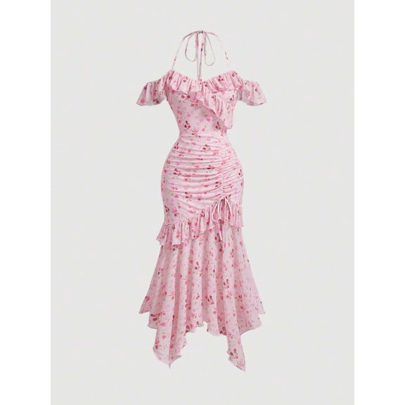 Pink Floral Off-Shoulder Ruffled Mermaid Dress With Asymmetrical Hem