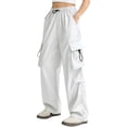 thumbnail image 5 of OIOLOYJM Parachute Pants for Women Drawstring Elastic Waist Baggy Wide Leg Quick Dry Hiking Cargo Pants Loose Fit Y2k Streetwear with Multi Pockets White L, 5 of 5