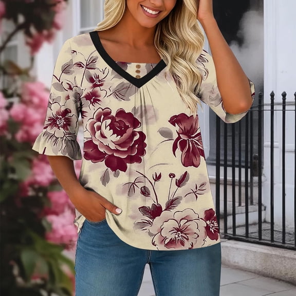 Womens Plus Size Floral Tunic Top for Women 3/4 Sleeve V-Neck Ruffle Blouse with Curved Hem Casual Khaki Flowy Tops,Size 5XL