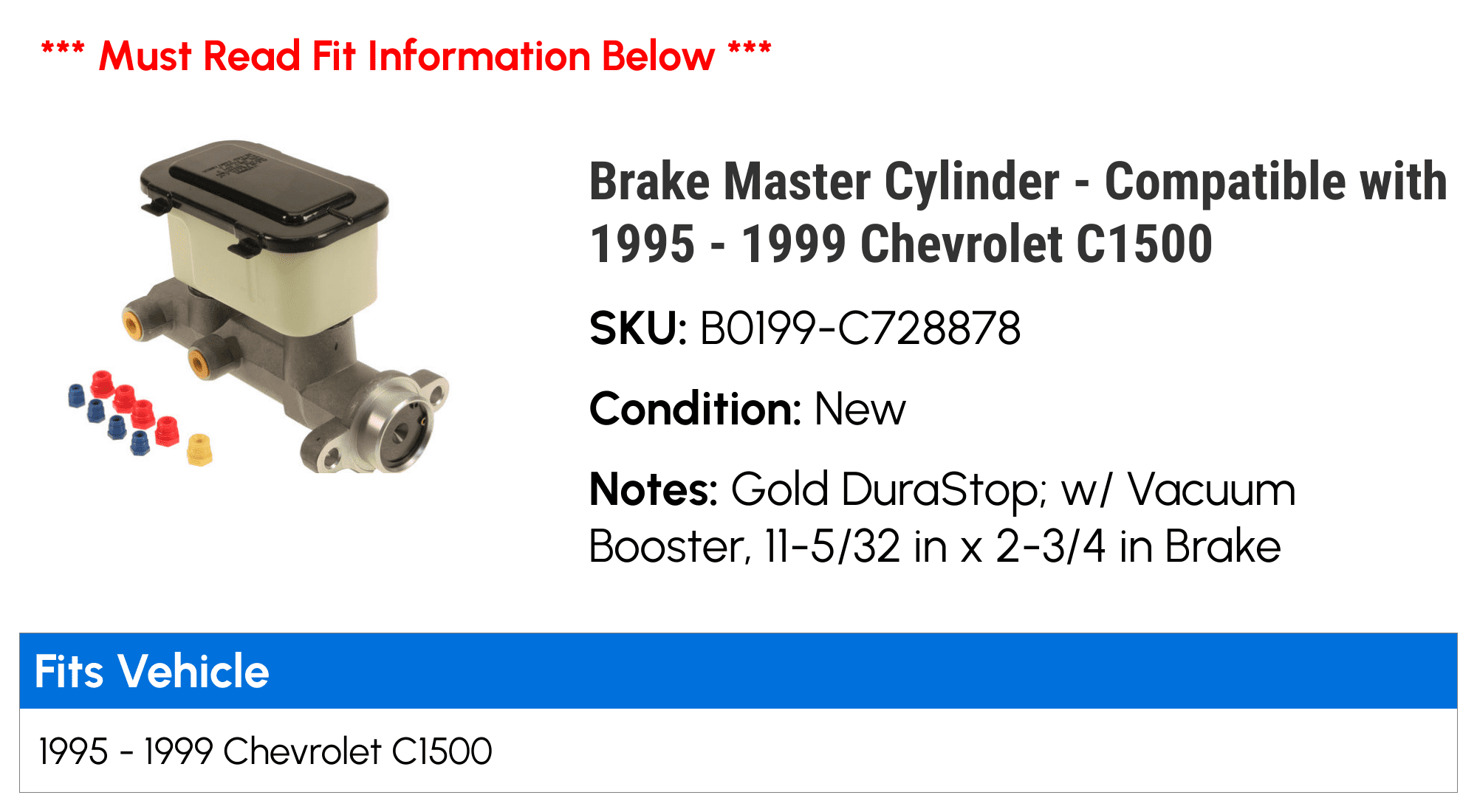 Brake Master Cylinder - Compatible with 1995 - 1999 Chevy C1500 1996 1997 1998