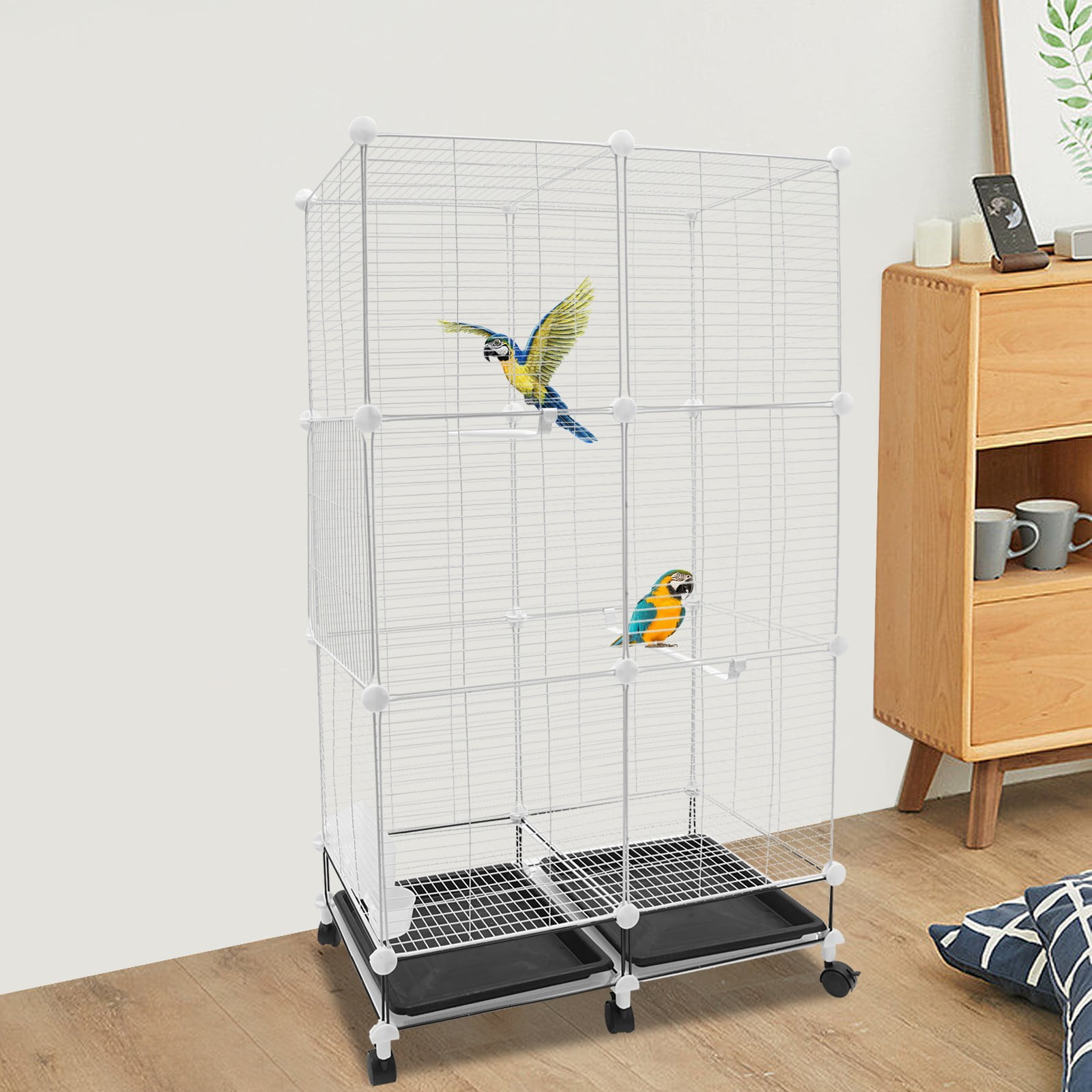 3-Tier White&Black Freestanding Bird Cage Rectangle Space-saving Bird Cage for Mid-sized Small-sized Birds