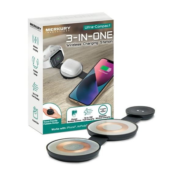 Merkury Innovations 3-in-1 Wireless Charging Station, Fast Magnetic Charger for iPhone, AirPods & Apple Watch, Portable Design