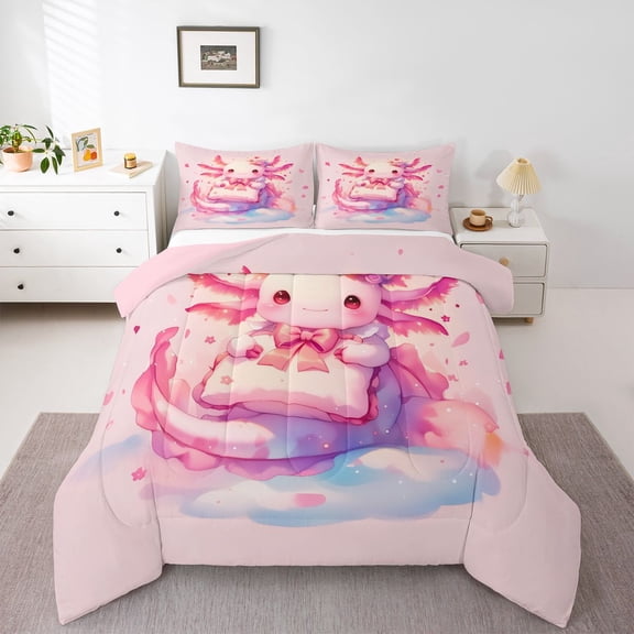 Feelyou Pink Bow Axolotl Twin Comforter Sets, Dreamy Princess Bedding Set, 2 Pieces