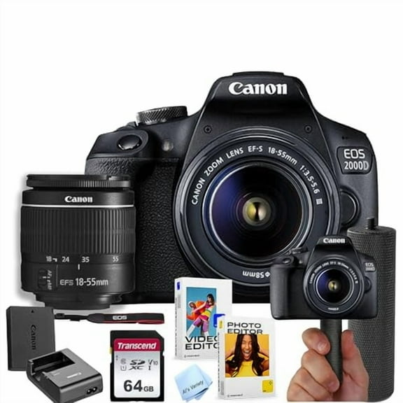Canon EOS 2000D / Rebel T7 DSLR Camera w/EF-S 18-55mm F/3.5-5.6 Zoom Lens   64GB Memory   Stabilizing Grip   Software Pack  More (Value Bundle) (International Version)