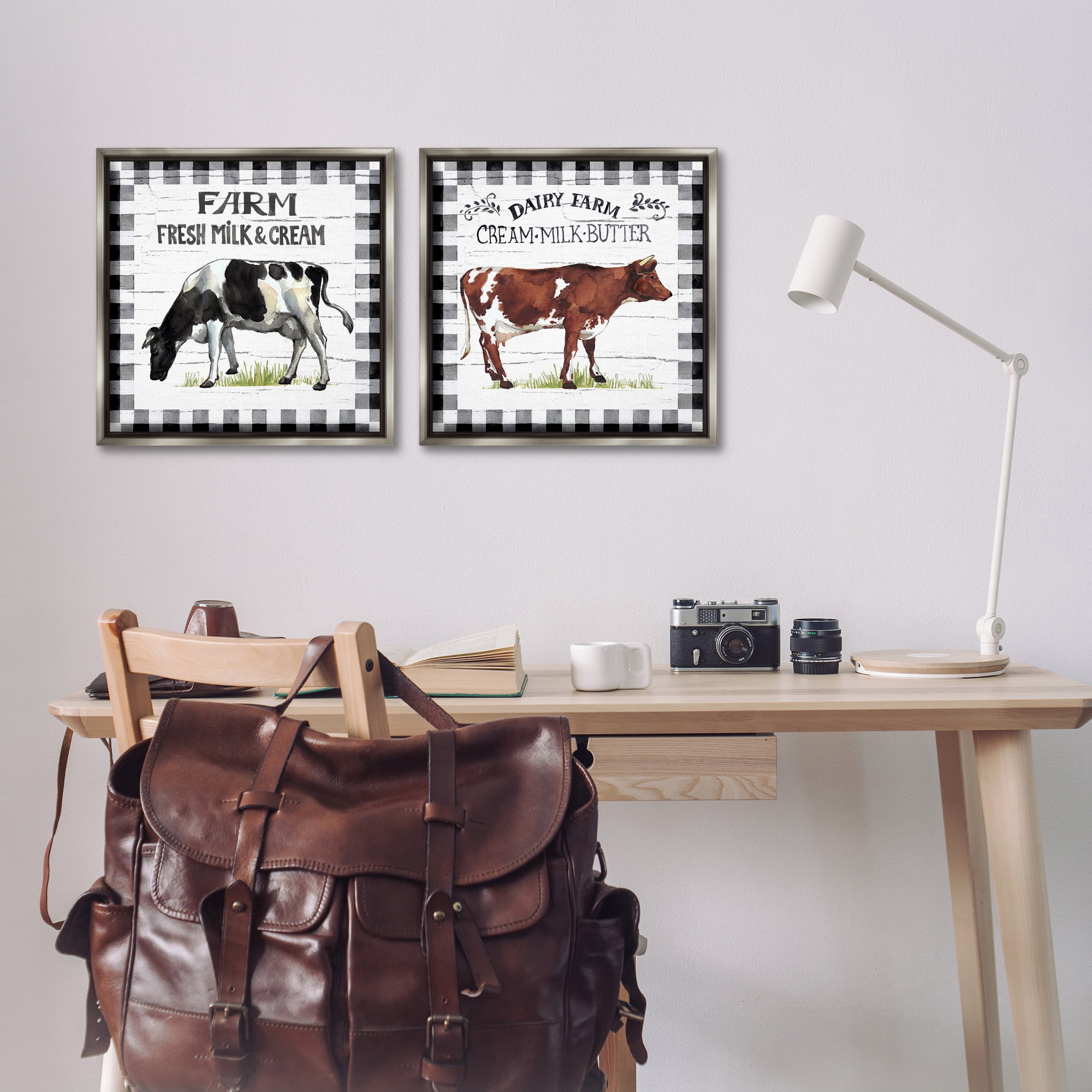Stupell Industries Spring Farm Dairy Cows Animals Painting Gray Floater Framed Canvas Art Print Wall Art, 18 x 18, Set of 2