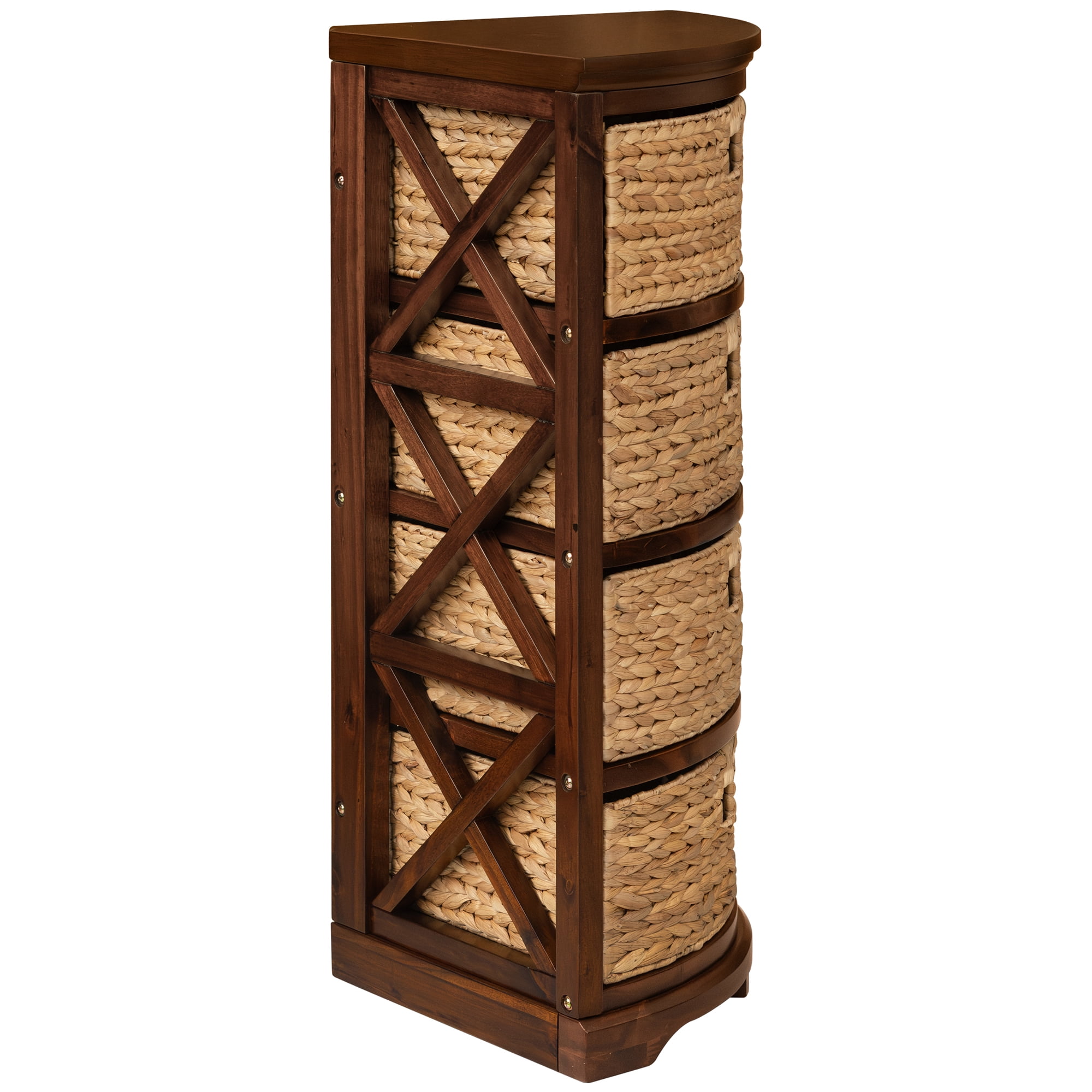 eHemco Hampton Meadows 4 Tier X-Side Corner Storage Cabinet with 4 Wicker Baskets, Walnut