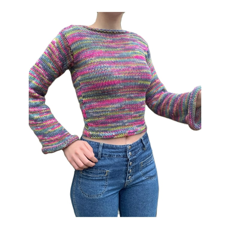 FOCUSNORM Women Rainbow Striped Bell Sleeve Sweater Tops Y2K