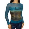 thumbnail image 1 of Mialoley Women Long Sleeve Pullover Unique Printing Round Neck Semi-transparent Tight Slim Tops, 1 of 5