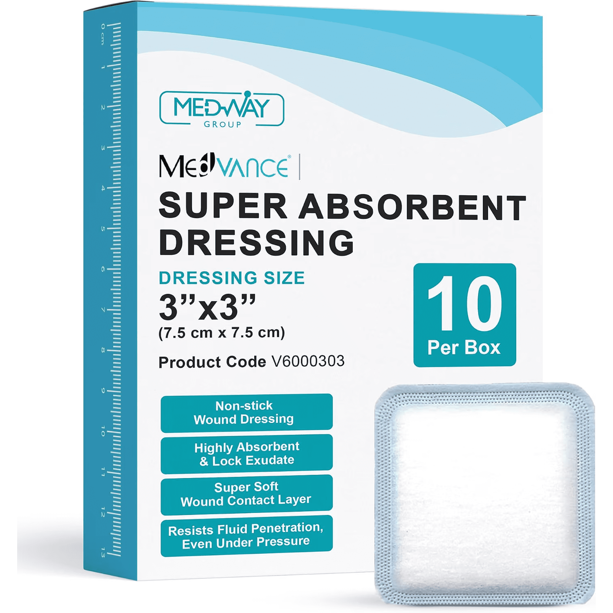 MedVance Super Absorbent Dressing, Non-Adhesive Pads for Wound Care, Pressure Ulcers & 1st/2nd Degree Burns, Superior Moisture Absorption, Box of 10 Dressings 3"x3" Bandage, 1.75"x1.75" Pad