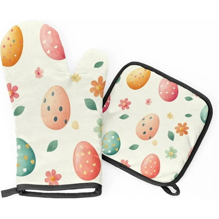

Happy Easter Oven Mitts and Pot Holders Set of 2 Spring Eggs Heat Resistant Oven Mitts Kitchen Oven Glove for Cooking Baking